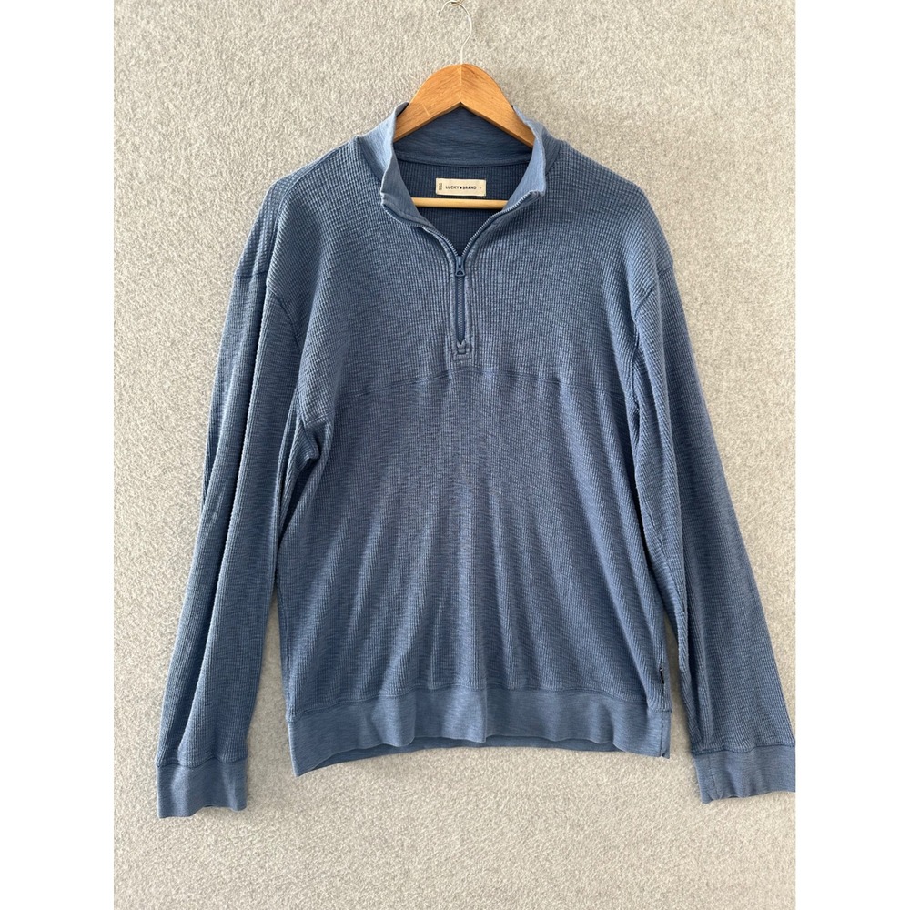 Lucky Brand Quarter Zip Pullover Mens Large Blue Waffle Knit Cotton Sweater